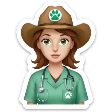 Pale Woman with brown hair and green eyes and freckles on her cheek bones wearing scrubs that have a paw print logo on only the scrubs  and a cow girl hat sticker