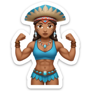 native american brown skin sexy girl, flexing muscles, full body, muscled, with traditional outfit and hat sticker