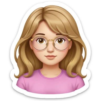 young adult woman with light skin, round face, prominent cheeks, medium plump body, long light brown hair with golden highlights, voluminous and wavy, long bangs over eyebrows, large octagonal glasses with thin golden or light pink frame, casual dark shirt sticker