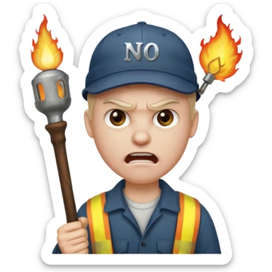 Angry man with a torch and a pitchfork and a cap that says "no blathy" sticker