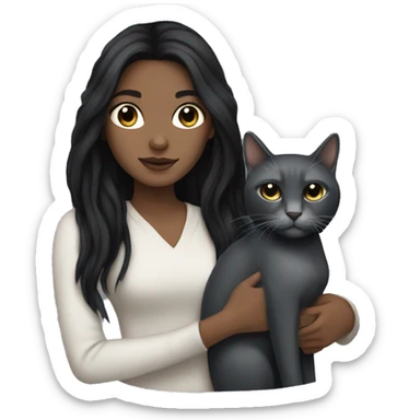 White girl with long black hair and black eyes holding a grey cat sticker