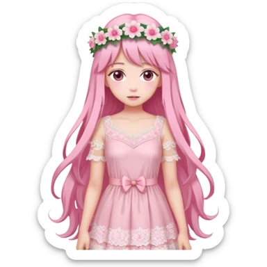 pastel anime woman with pink and white lace dress full body and long hair with flower crown sticker