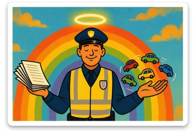 A traffic officer with a glowing halo above head, rainbow background, both hands outstretched: one hand holding a pile of paper, the other hand with cars travelling freely. sticker