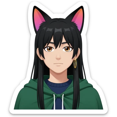 anime man with long-straight-dark-black hair, long black fox ears with pink Scapha, colorful-gradient-brown-turquoise eyes, gold earring, dark-blue-sweater, green cape, white pupils sticker