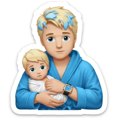 A white man with blue eyes, medium-length blond hair, a blue Cartier watch on his wrist, and a black and white bathrobe. His hair is messy, and he has a baby face. sticker