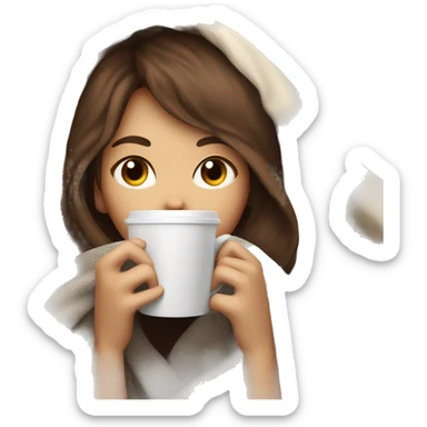 girl inside a blanket sipping coffee eyes closed white skin, brown hair and bangs sticker