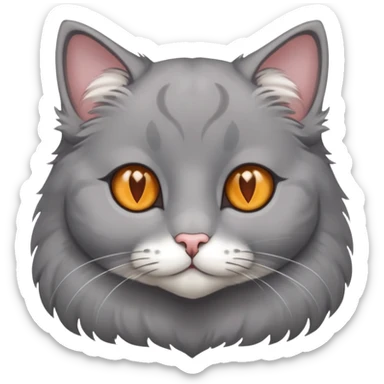 A gray cat with small lop-eared ears, amber eyes, and a white heart in its paws sticker