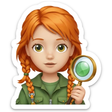 braid orange haired girl kid in green explorer outfit, holding magnifying glass sticker