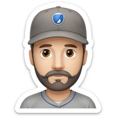 white male with dark brown goatee beard and moustache with grey tones wearing a grey baseball cap back to front with hazel eyes sticker