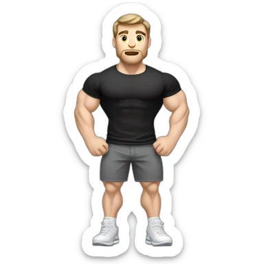 Confused Pale skinned Fit Man With the biceps and dark brown hair in black shirt, gray sports shorts and white Sneakers sticker