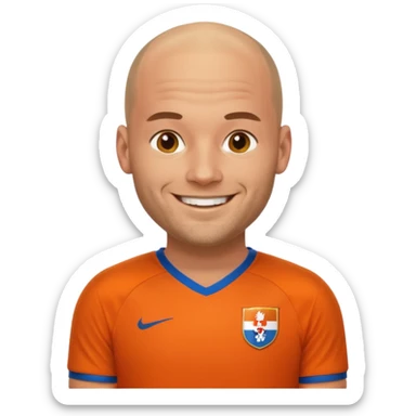 Wesley Sneijder, Dutch footballer, bald, smiling, wearing an orange Netherlands football jersey sticker