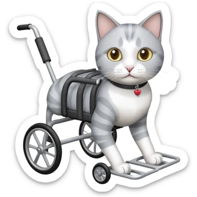 grey and white cat in a cat walking wheelchair sticker