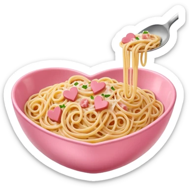 Spaghetti carbonara, in a pink bowl, the bowl should be heartshaped sticker