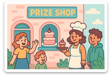 pastel pink cake bakery with a sign above the door that says 'Prize Shop', soft colors, inviting, whimsical, exterior view, pastel illustration style sticker