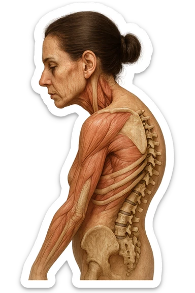 donna anatomica di profilo con spalle chiuse in avanti e postura storta, spina dorsale anatomica visibile, iperrealistico 4k sticker