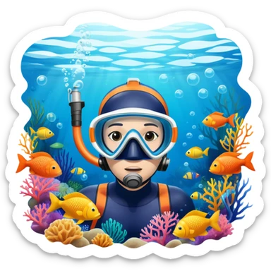 An icon featuring a close-up of a freediving mask and snorkel, with a breath-holding diver's fins, set against a vibrant underwater world. The design includes coral reefs, fish, and bubbles, symbolizing the serene beauty and thrill of freediving. Transparent background highlights the calm sticker