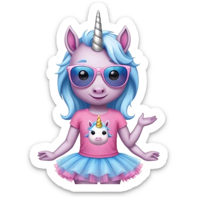 head and shoulders portrait of a friendly anthropomorphised female unicorn in tutu and pink t-shirt, wearing dark sunglasses, blue and silver color scheme sticker