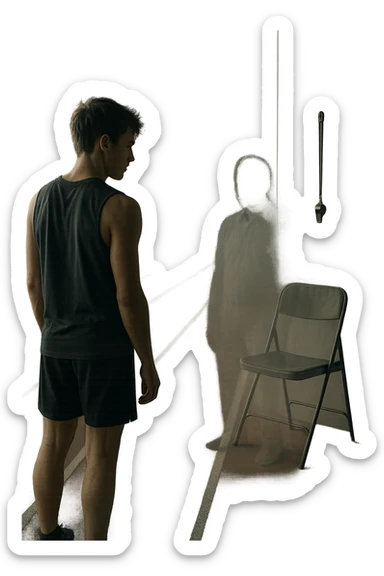 cinematic a person stands alone on a running track or in a fitness studio, glancing toward an empty coach’s chair or whistle hanging on a hook. The absence of the coach is emphasized by a faint, transparent silhouette or shadow where the coach should be. The atmosphere is quiet and a bit disheartened. sticker