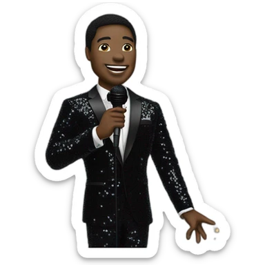 sam richardson in a black sequin suit holding a microphone singing (portrait,-front-facing,-apple-ios-17-style) sticker