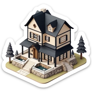 Isometric exterior little black, beige, and white mountain cabin mansion, stone and wood, dollhouse style 3D realistic  sticker