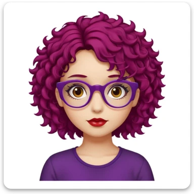 girl, almond brown eyes, red rectangle glasses, curly mid-short hair, deep purple hair, red top, casual-goth sticker