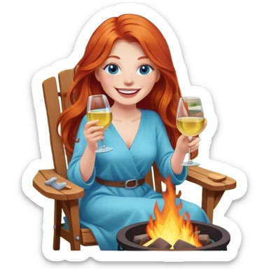 Laughing redhead with long hair and blue eyes holding white wine sitting in chair beside fire pit in backyard sticker