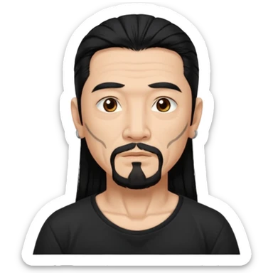 Older Spanish male. Asian eyes. Long, Angular eyebrows. Chin strap goatee.
Untucked, loose fitting black t-shirt. 
long black hair.
Even More tattoos. 
Peaceful sticker