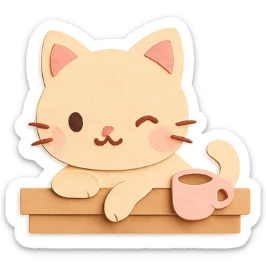chibi café cat laying on coffee counter, winking, soft pastel kawaii style sticker