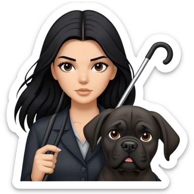 Kendall Jenner with long black hair holding a black Cane Corso dog sticker