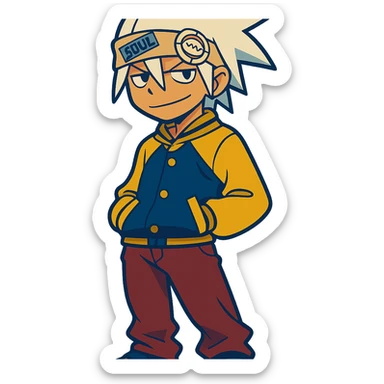Soul Eater Evans with his hands in pockets, relaxed stance, white hair, headband, anime style, cool attitude sticker