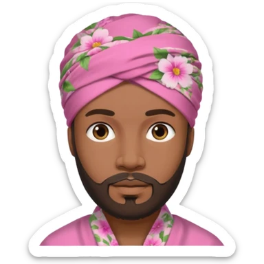 Black male, goatee beard, wearing pink floral turban-style head wrap sticker