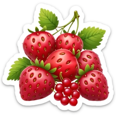 group of red berries including strawberries, raspberries, red currants, cherries, arranged together, glossy and fresh, 3D clean style, no faces, transparent background sticker