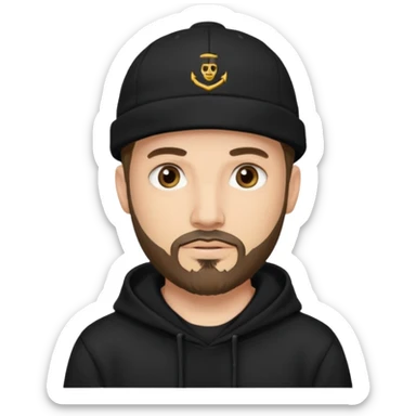 Hombre de ojos claros, con barba fina y perilla, gorra negra bordada, y sudadera negra sticker