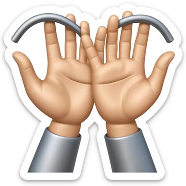 Apple-style 3D emoji of two cartoon hands tightly gripping and bending a solid metal rod, showing visible strain and tension lines around the bend, with dynamic motion curves to emphasize the effort, realistic lighting and smooth Apple emoji texture, no background. sticker