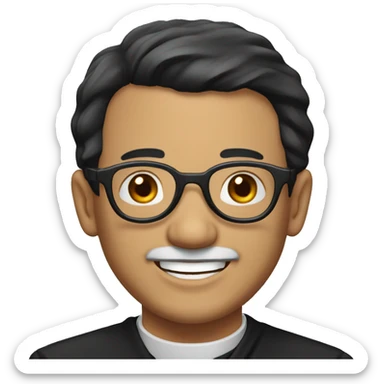 old catholic priest with black hair, smiling with teeth and glasses sticker