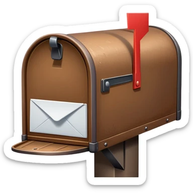 A brown mailbox next to a white letter sticker