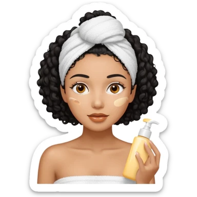 Mixed-race woman with glowing caramel skin and black curly hair, in a white towel wrap, applying face cream in front of a soft pastel background sticker