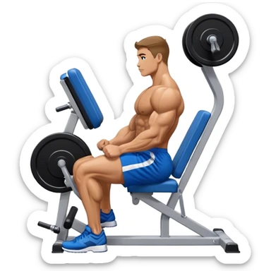 side-view bodybuilder in blue shorts seated weighted calf-raise machine on his tip toes sticker
