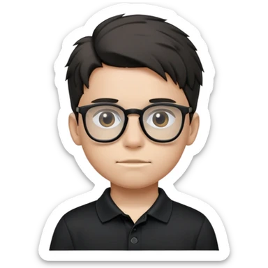 Kid in all black fit, black polo shirt with first 2 buttons untied and glasses greasy hair brushed to back sticker