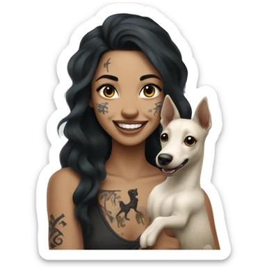 light skin woman with a face tattoo of a cross and long wavy black hair expressing joy alongide a white miniature kelpie sticker