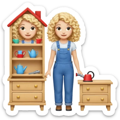 smiling blonde curly woman arranging furniture in doll house with overalls sticker