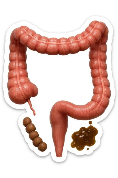 INTESTINO UMANO ANATOMICO REALISTICO CON FECI A PALLINE E FECI LIQUIDE CHE FLUTTUANO DIETRO BEN DISTINTE, IPERREALISTICO 4K sticker