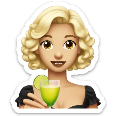 Blonde girl bright brown eyes holding a margarita in short black dress sticker