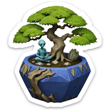 Alien hanging vines landscape mudman very old broken cracked intricate Stone Age rocky-crusted irregular dodecagon-shaped shallow dark moss rough bark blue willow flowered maple tree bonsai pot sticker