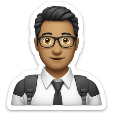 an SEO/tech guy with specs working on macb ook, black hair sticker