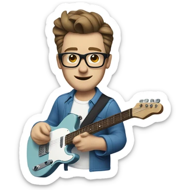 A nerdy white guy with glasses with short brown hair with a small quiff playing a blue classic telescaster sticker