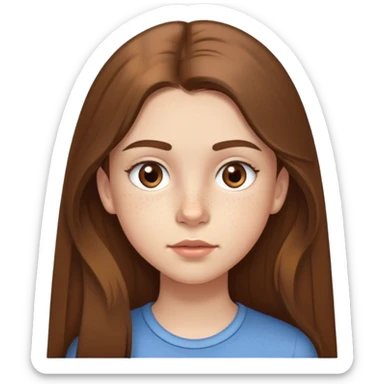 A 12-year-old girl with very long brown hair, light brown eyes, medium thick eyebrows, slightly big lips, a small freckle on her cheek and another small freckle under her eye sticker