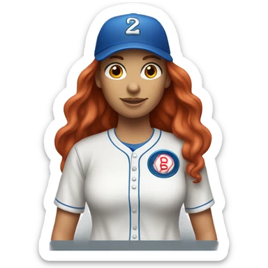 front facing standing up female coach with long red hair, wearing a white t-shirt and a simple baseball blue hat sticker