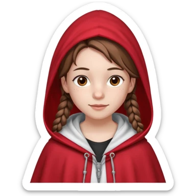 A 12-year-old girl, with fair skin, freckles, and a warming smile that shows her pale pink lips. She has big brown eyes and normal eyebrows. Her brown hair is styled in French braids that reach her breasts. She wears a bright red hooded cloak with the hood drawn over a pretty white tank top. sticker