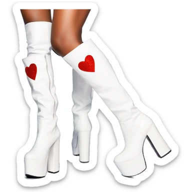 glittery white platform knee high gogo boots with heart cutout sticker